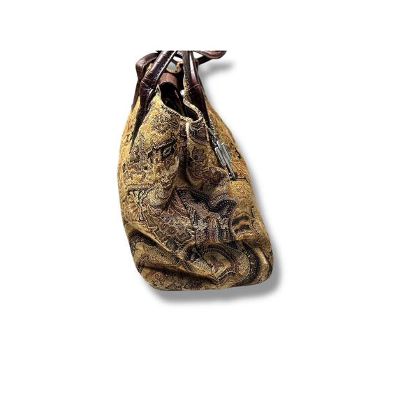 Vintage Fossil Floral Tapestry Carpet Handbag Purse Leather Satchel Boho - Picture 3 of 10